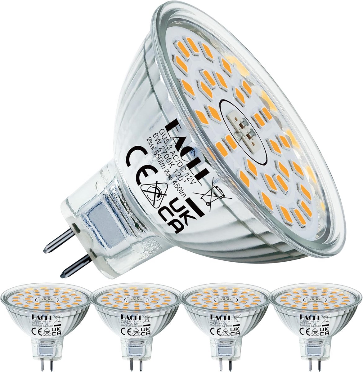 Ledlampen GU5.3 - Spotlampen - Binnenverlichting - Flikkervrij - 4 stuks - Warm wit