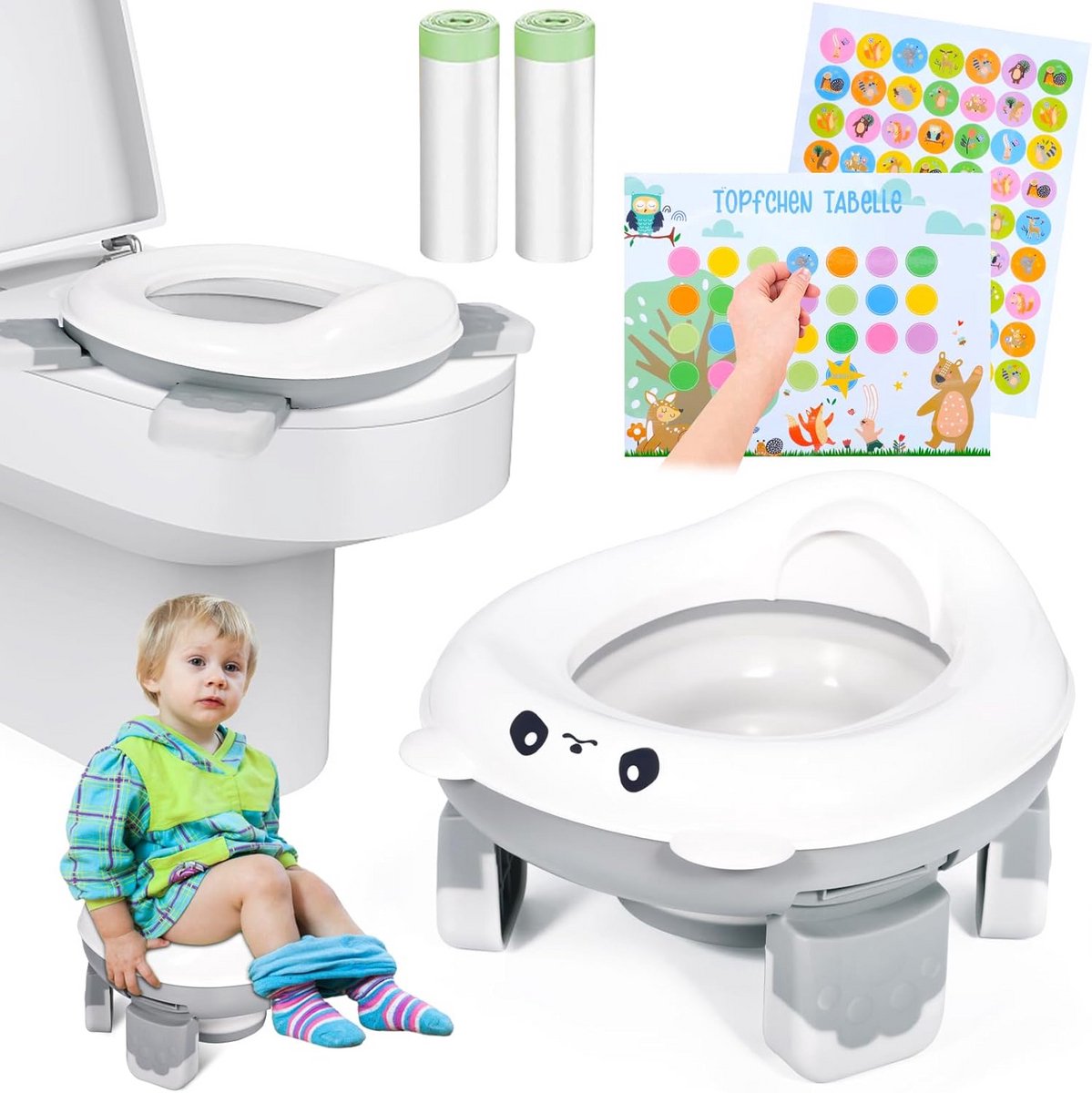 Kinderpotje Opvouwbaar - Draagbaar Toilet - Zindelijkheidstraining Onderweg - 2-in-1 Ontwerp - Compact Opvouwbaar - Grijs