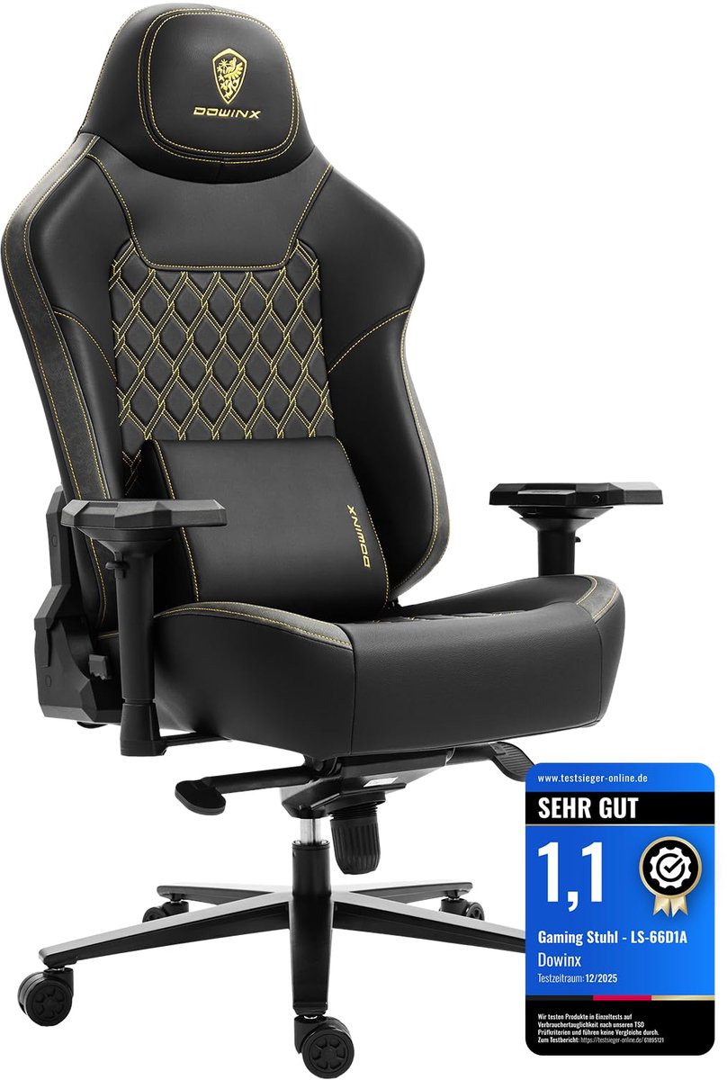 Dowinx - Ergonomisch - Gamingstoel/Bureaustoel - 200 kg, 4D armleuningen, lendensteun - Zwart