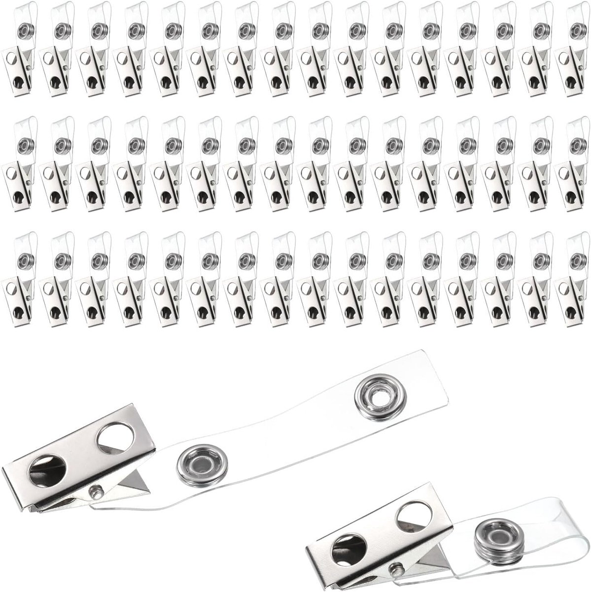 100 stuks metalen klemmen met transparante PVC-lintjes, tweegats identiteitsklemmen voor naamlabels en pasjes