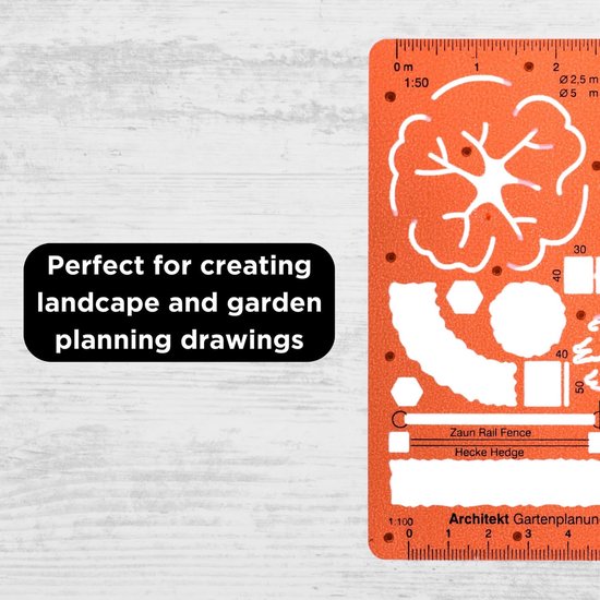 Tekenhulp Sjabloon - Ontwerp Mal - Tuin Ontwerpen - Schaal 1:50 1:100 - 26 x 13 cm - Oranje — afbeelding 3