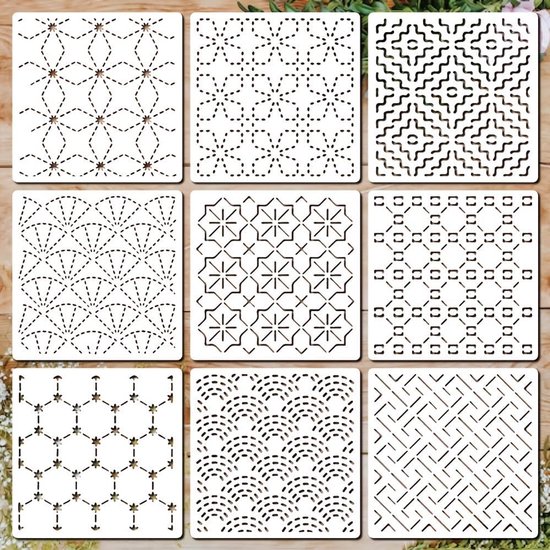 Sashiko borduurpatronen - 9-delige set - PET-materiaal - Herbruikbaar - Geometrische borduurpatronen voor handborduurwerk - Naaiaccessoires - 13*13 cm