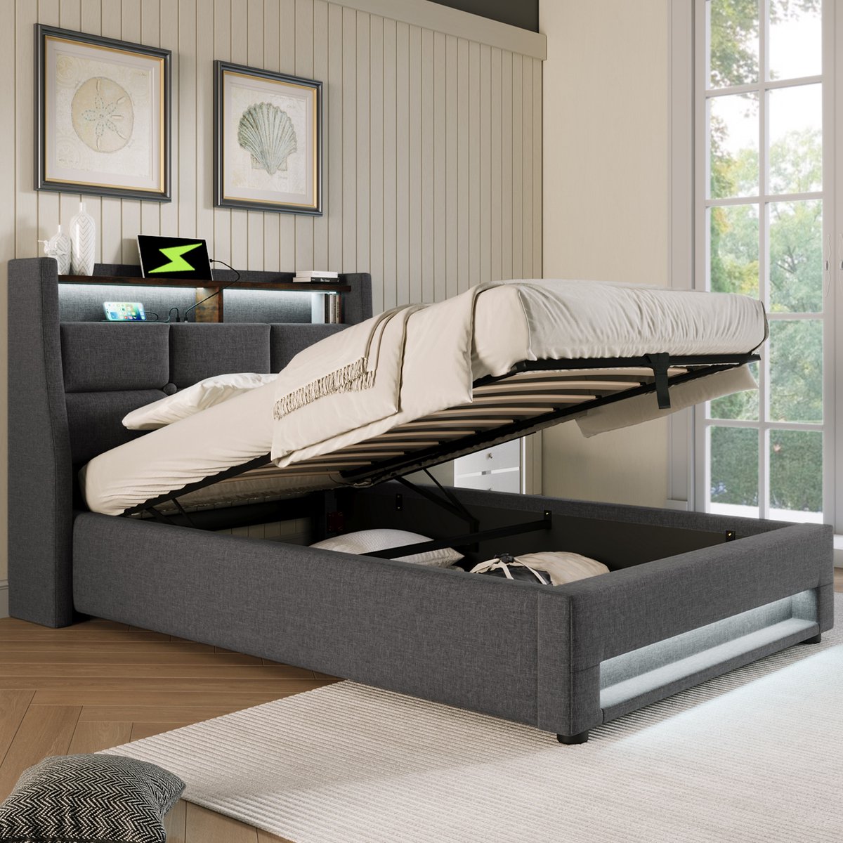 DESMIU Gestoffeerd Bed 90x200 cm – Eenpersoonsbed met Led en Usb-Laadpunt – Opklapbare Opbergruimte – Voor Jeugdkamer – Linnen – Grijs – Zonder Matras