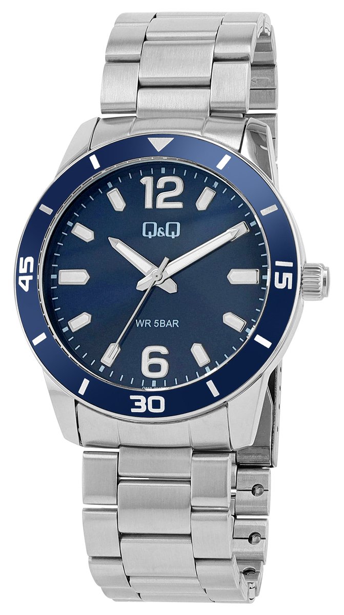 Q&Q Q85B-004PY - Horloge - Polshorloge - Analoog - Heren - Mannen - stalen band - Rond - Metaal - Streepjes - Cijfers - Zilverkleurig - DonkerBlauw