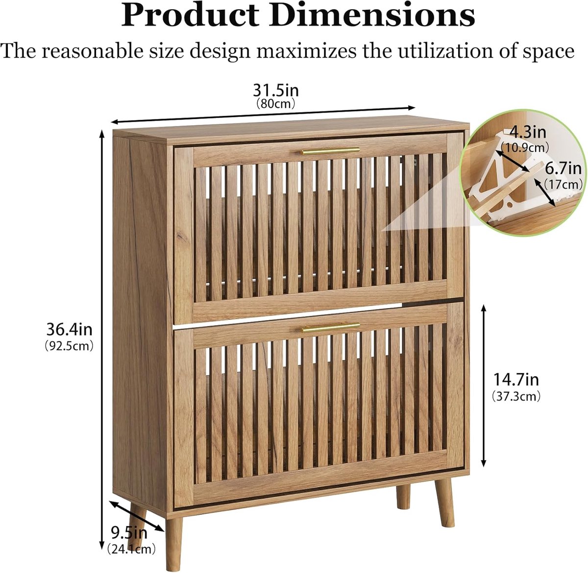 Schoenenkast – Smalle Schoenenkast 80 cm – House&Garden Schoenenkast met Lamellen en 2 Klapladen – Vrijstaande Hal Organizer met Ventilatie, Gouden Handgrepen – Modern Schoenenrek in Natuurlijk Hout – 24-30 Paar Opslag