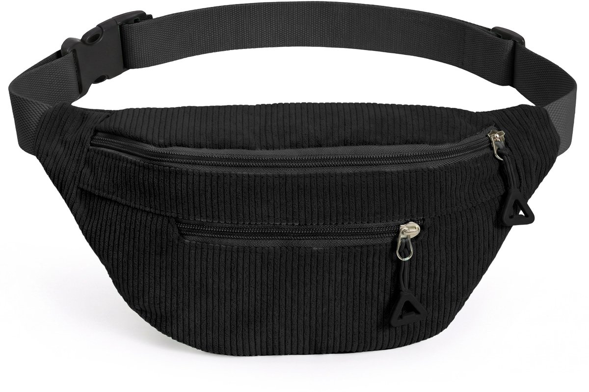 YONO Heuptas Dames - Crossbody Tas - Buiktas van Ribstof - Verstelbare Schoudertas met 2 Ritsvakken - Festival Tasje - Fanny Pack - Zwart