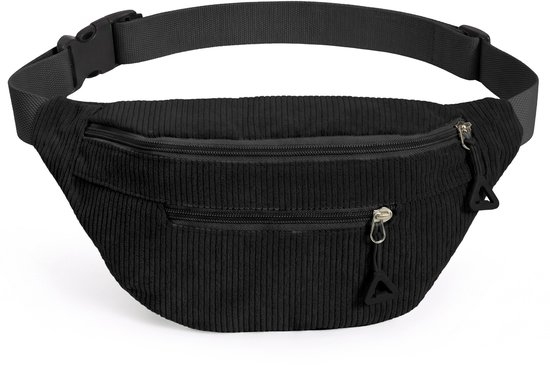 Sac banane noir côtelé avec sangle réglable et deux poches zippées, isolé sur fond blanc.