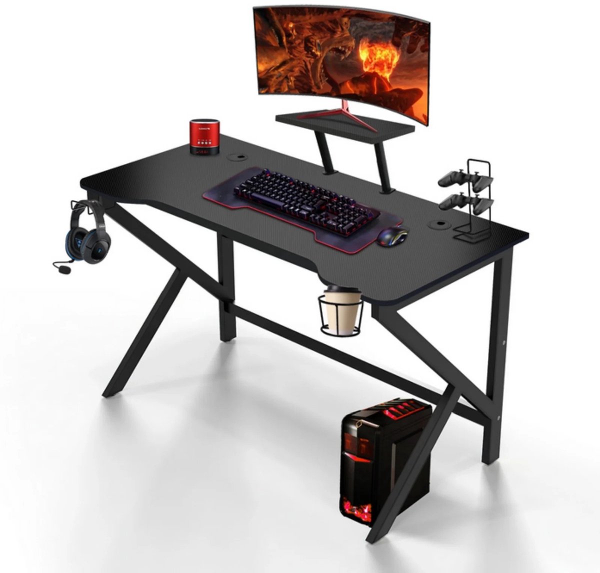 Dailygoods 100 x 55 cm gamingbureau, ergonomisch gamingbureau met bekerhouder en hoofdtelefoonhaak, computerbureau, zwar