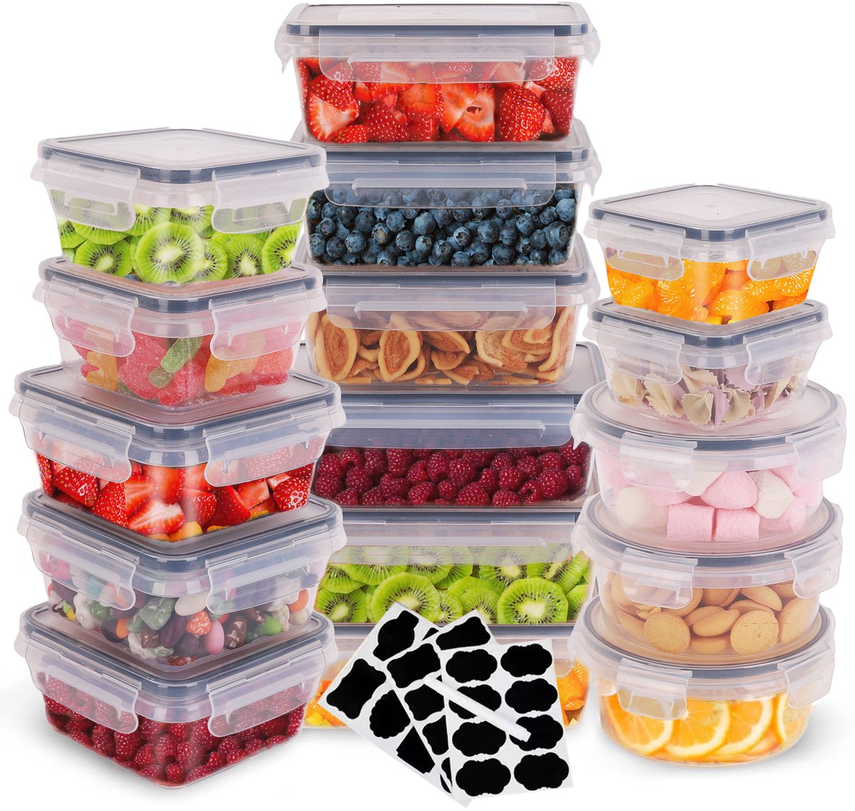 DAITORE Vershoudbakjes - 16 Delige - met Deksel - BPA vrij - Voor keukenkast koelkast en Magnetron - Meal Prep Bakjes - Diepvriesbakjes - Bewaarbakje
