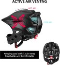 Zwarte helm met rode pijlen die luchtstroom voor koeling en warme lucht aangeeft.