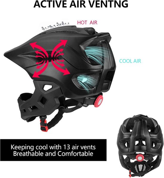 Zwarte helm met rode pijlen die luchtstroom voor koeling en warme lucht aangeeft.