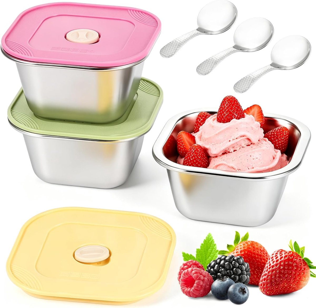 Set van 3 ijsbakjes – Rvs-bakjes van 400 ml met siliconen deksels – Herbruikbare diepvriesbakjes inclusief 3 lepels – Geschikt voor ijs, yoghurt, snacks, fruit en invriezen