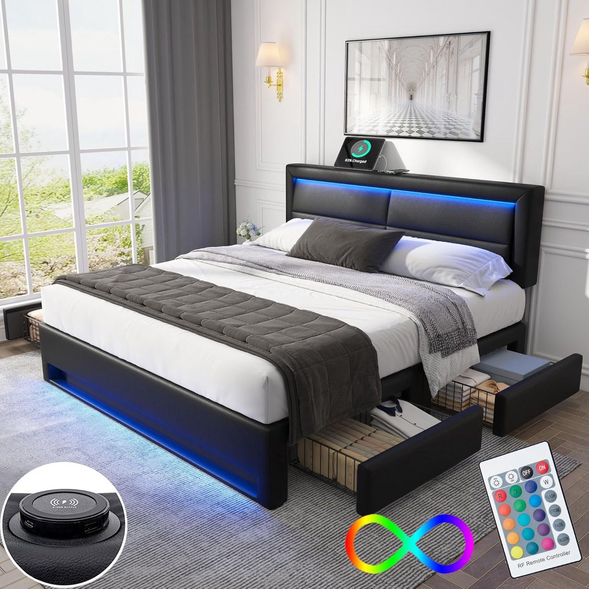 Gestoffeerd Bed - Tweepersoonsbed - Slaapkamer Organisatie - Geïntegreerde LED en USB - 14