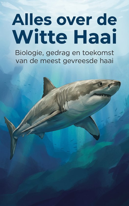 Omslag van het boek 'Alles over de Witte Haai' met een grote witte haai in de oceaan.