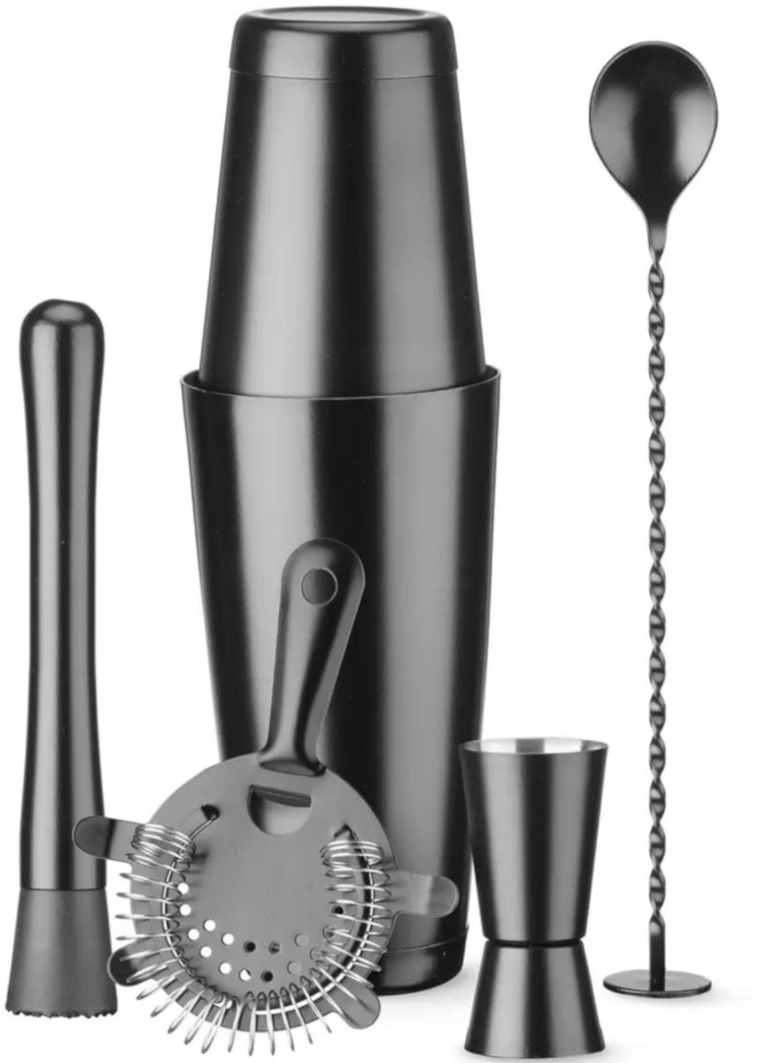BarUp Complete cocktailset - roestvrij staal - muddler & jigger - 500/800 ml - zwart