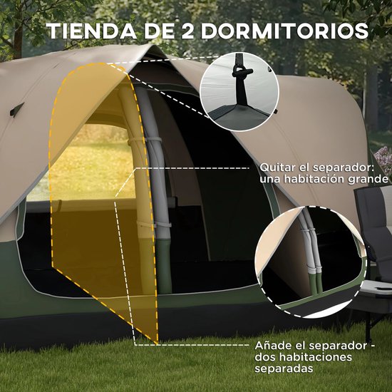 Roossentials tent - Familiecampingtent - Familie tent - Camping tent - 6 tot 8 personen - Voor camping - Olijfgroen - 2 kamer tent - Inlcusief draagtas — afbeelding 4