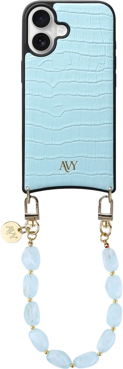 AVY Leren Hoesje Geschikt voor Apple iPhone 16 | Compatibel met MagSafe | Leather Case met Telefoonkoord | Polsband | Croco Blauw | Rocher Blue