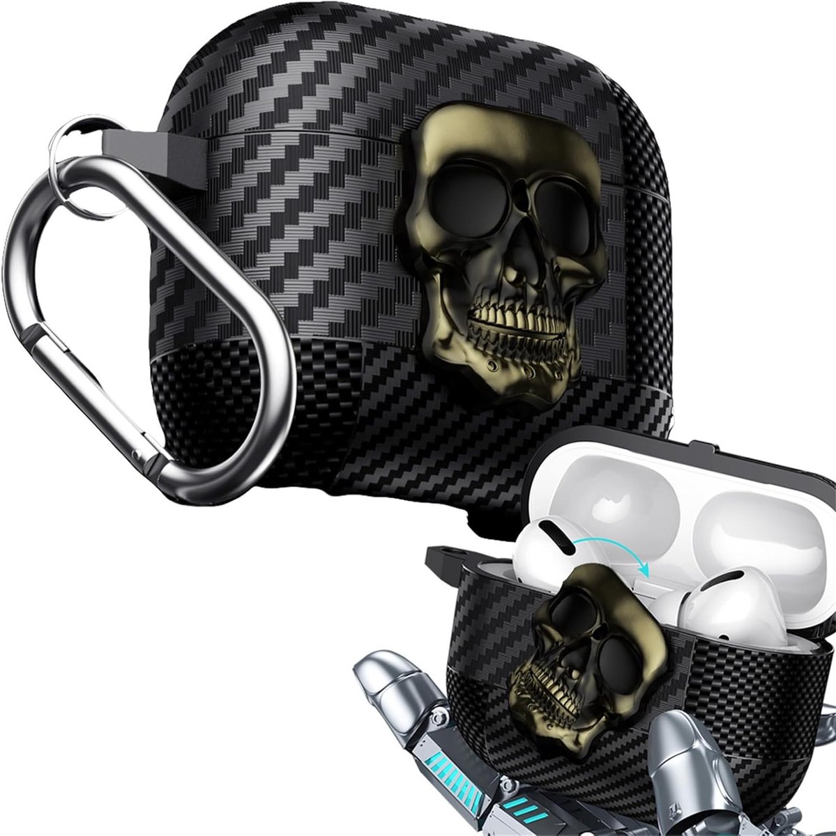 Compatibele Oplaadcase voor Samsung Galaxy Buds 3 en Buds 3 Pro, Schokbestendig Carbon Fiber Ontwerp met Sleutelhanger en 3D Metalen Skulls.