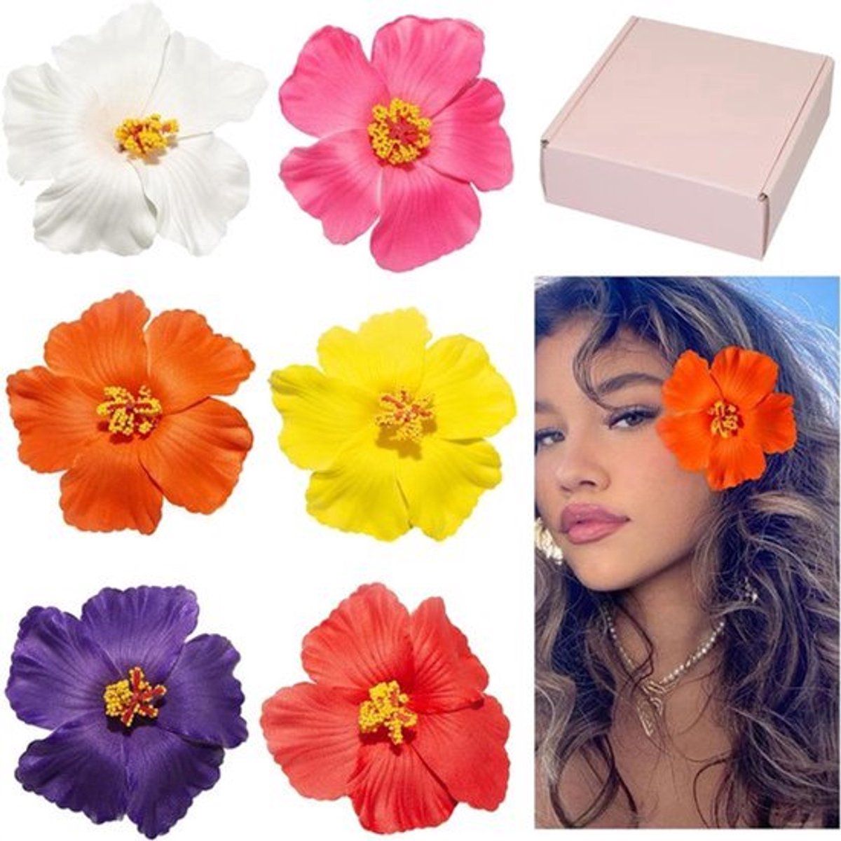 6 stuks Hawaïbloemen haarspelden met hibiscus-design