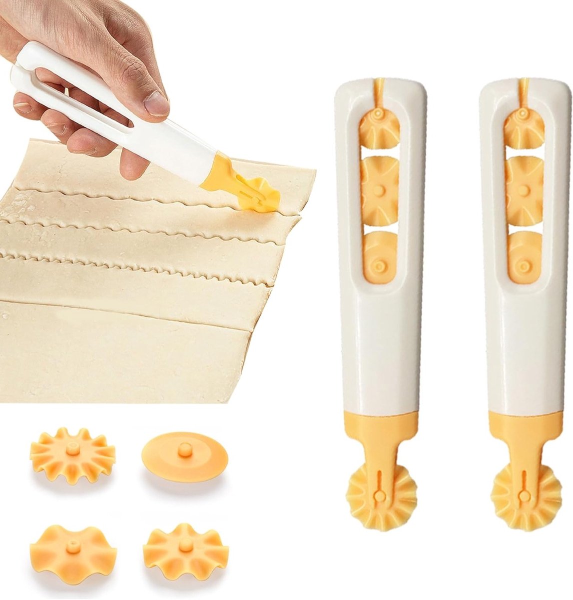4-in-1 Deegsnijder Set, 2 Stuks, Golf Snijwiel en Decoratieve Roller voor Bakken, Keukenaccessoires, Deegsnijden, Huishoudelijk Gebruik, Geel en Wit