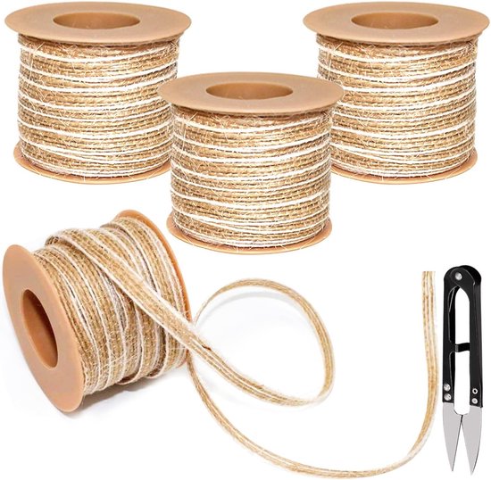 Natuurlijke Jute Ribbons voor DIY Creaties - 4 Rollen van 10 Meter voor Versieringen, Bruiloften en Feesten met Schaar en Decoratieve Banden