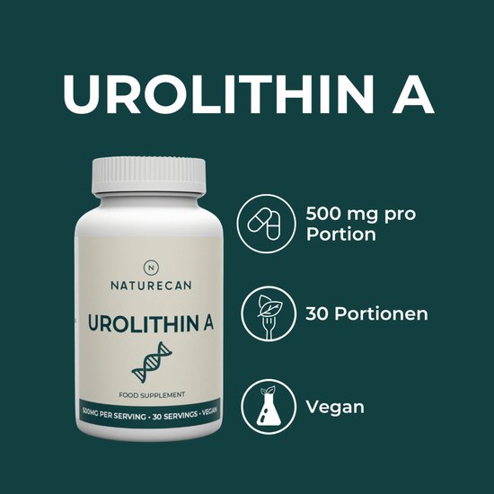 Witte pot met crème etiket 'NATURECAN Urolithin A FOOD SUPPLEMENT 500MG PER SERVING 30 SERVINGS VEGAN'. Iconen voor 500 mg, 30 porties en veganistisch.
