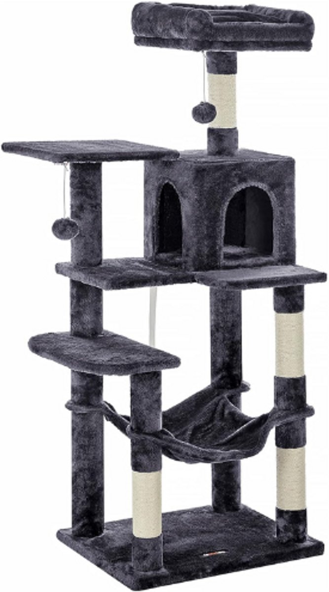 Katten Krabpaal Met Hangmat 143 Cm Kattenboom Met Krabpalen en Ligplek Rookgrijs