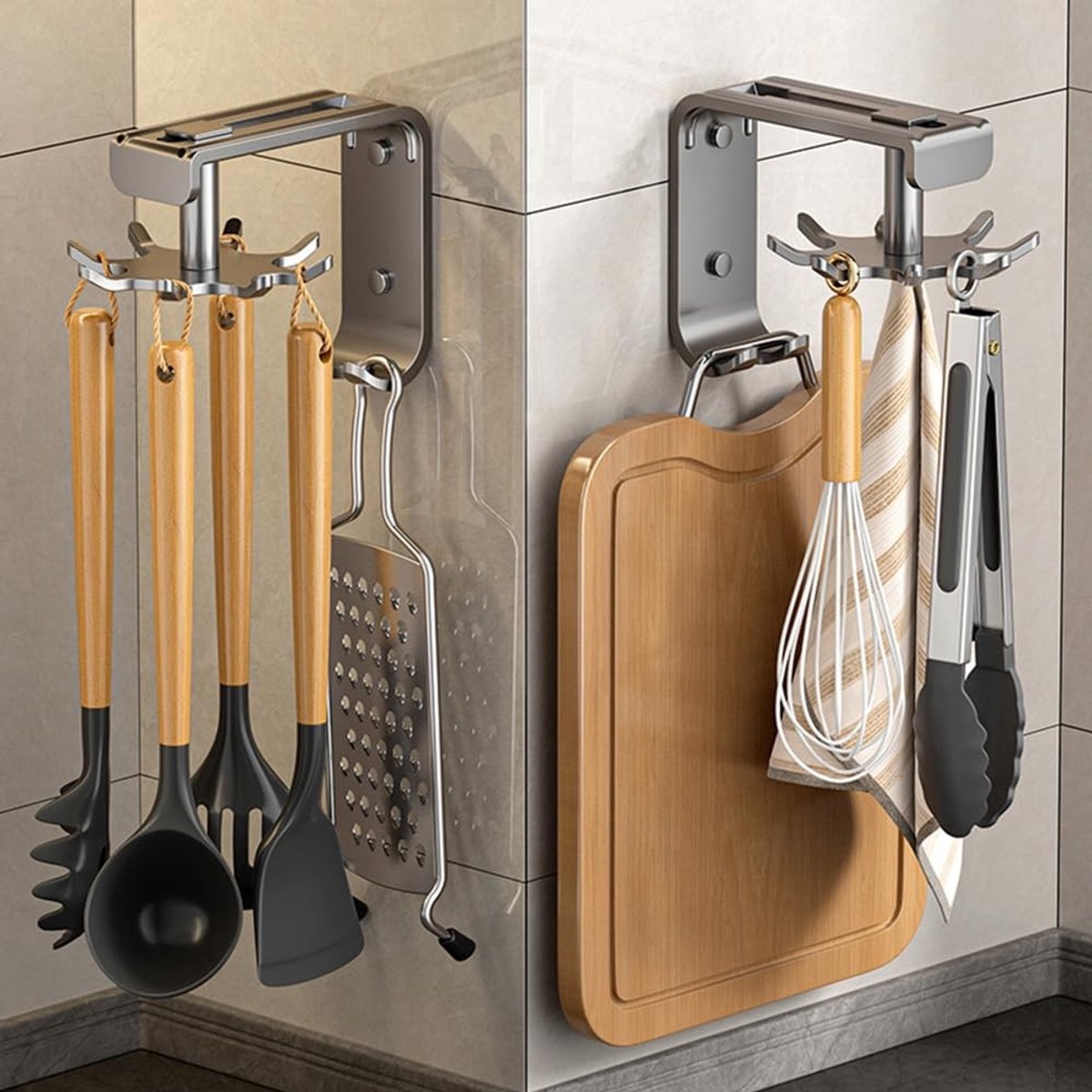 Jhubersproducts - Keukengereihouder - 360 graden draaibaar - Grijs - Organizer - Wandmontage - Geschikt voor keuken en badkamer - 2 stuks