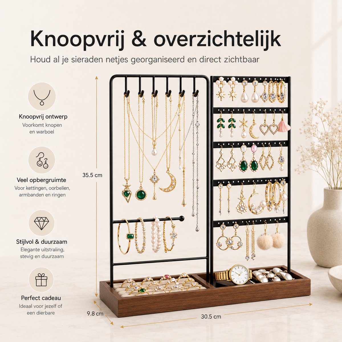BOTC Sieradenhouder - Voor kettingen / armbanden / Oorbellen - Sieraden Organizer - Oorbellenrekje - Ketting houder - Zwart/Bruin — cadeau in Wonen & Interieur - foto 3