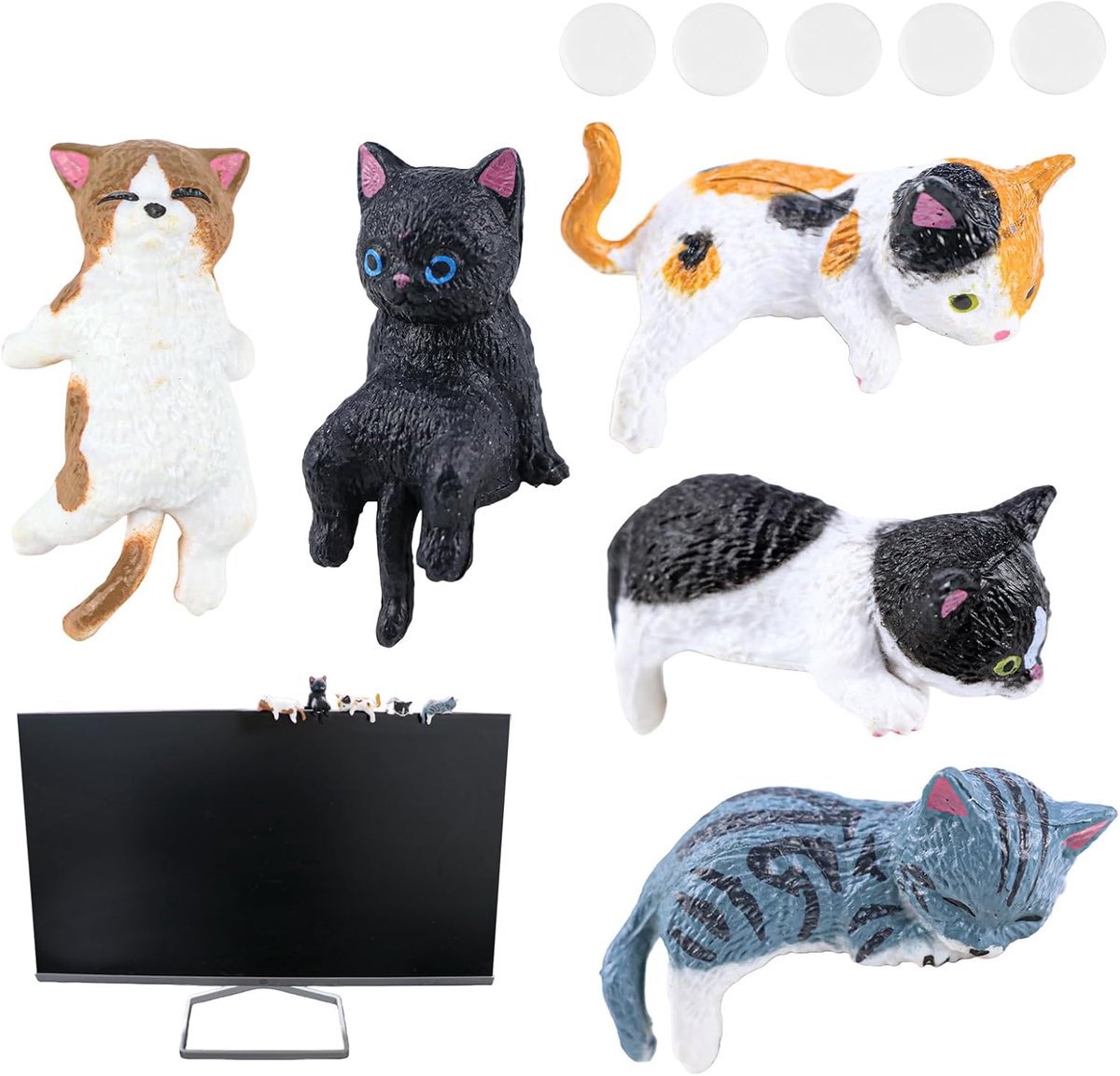 Schattige Miniatuur Kattenbeeldjes Set van 5 - Luxe Katten Figuren voor Auto Dashboard & Computer Monitor Decoratie - Kawaii Poesjes voor Bureau - Meerkleurig