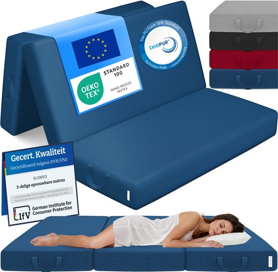 ELONEO Opvouwbaar Matras - 3-Delig Vouwmatras, Extra Dik 15 cm Schuim, Wasbaar en Draagbaar Logeermatras voor Volwassenen, Tweepersoonsbed (Blauw, 160 x 195 x 15 cm)