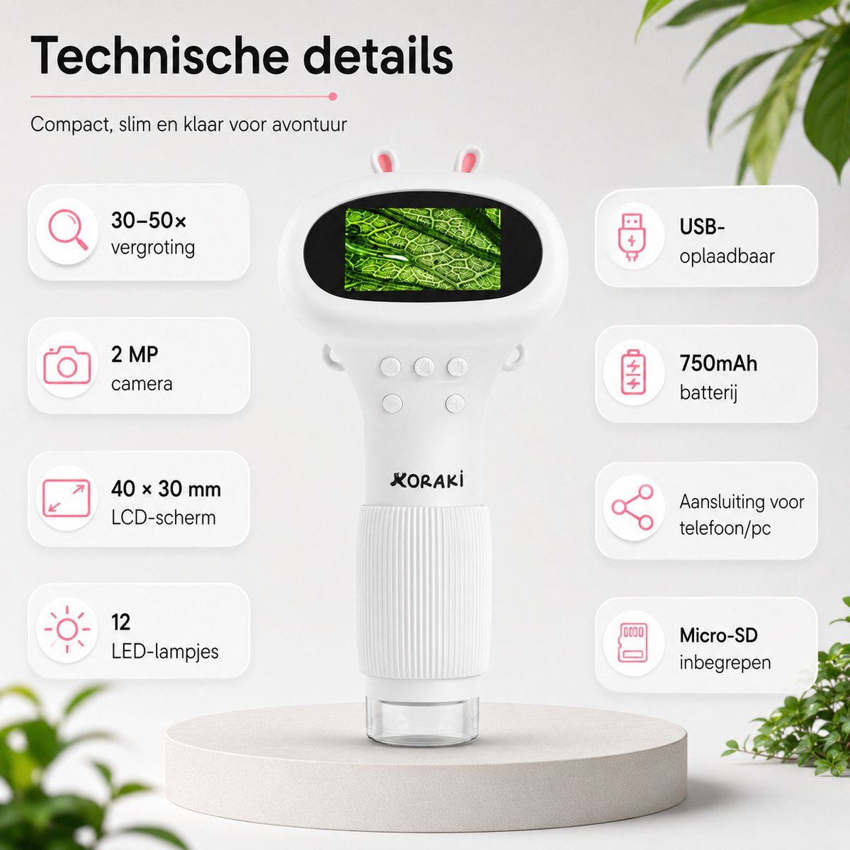 Koraki® Microscoop voor Kinderen - Digitale Kindermicroscoop met LCD Scherm - Handmicroscoop met Camera - Microscoopset incl. Preparaten, Pincet, Micro-SD & USB - Draagbaar - Aansluiting Smartphone/PC - STEM Educatief Speelgoed 4-12 jaar — afbeelding 3