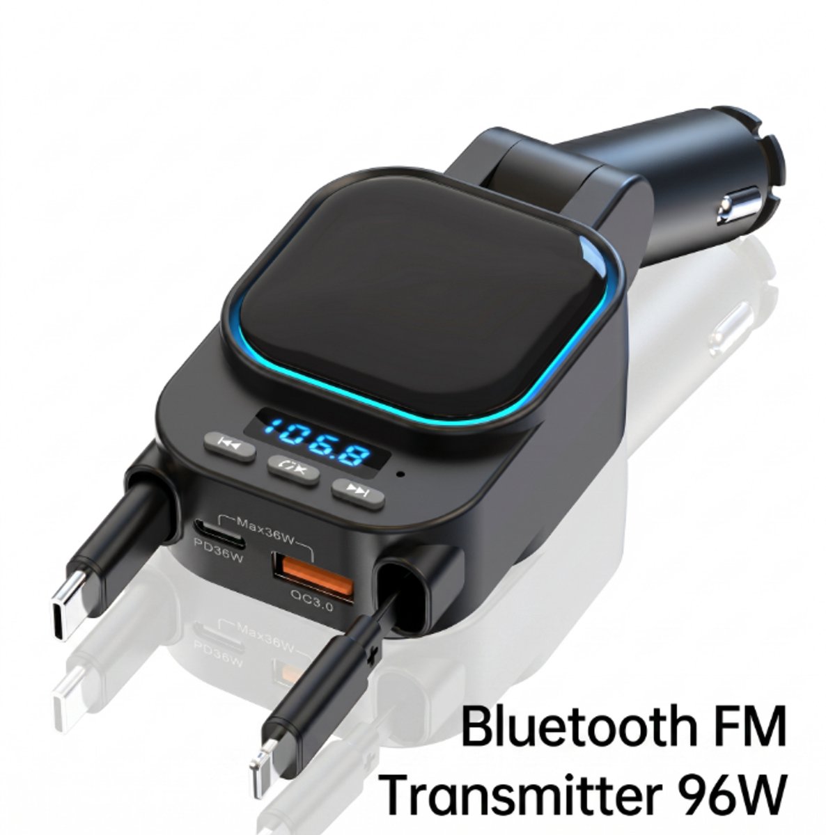 Ryoudavell - Bluetooth FM Transmitter - Auto Lader - Carkit - Handsfree - MP3 - USB - 96W Snel Lader - Intrekbare Kabels - Bluetooth 5.3