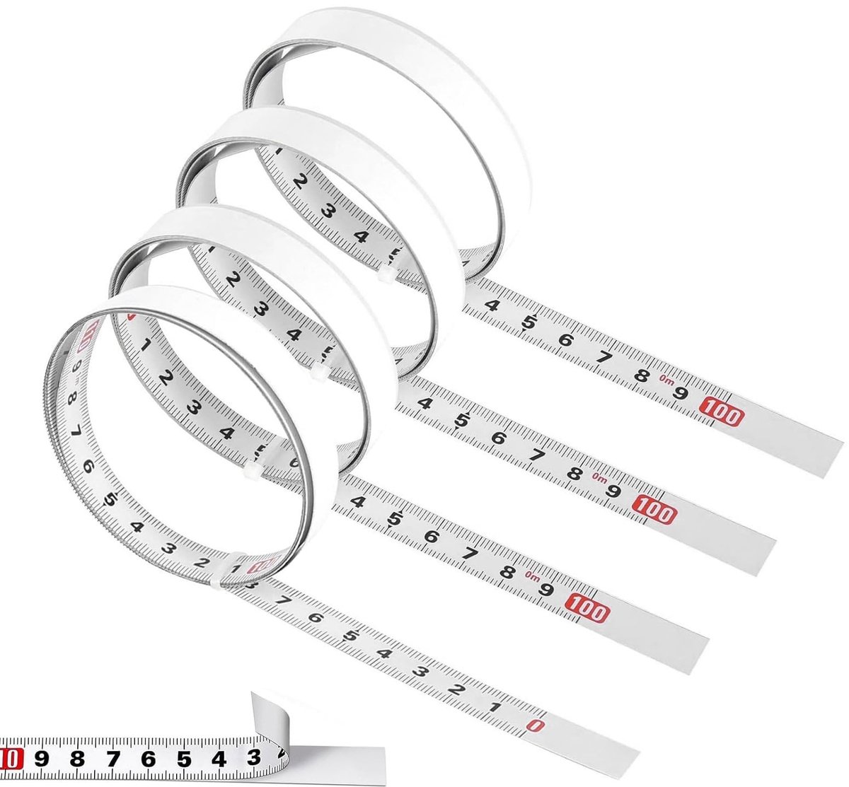 Dailygoods - Zelfklevende Rolmaat - Meter in wit - 1m - 4 Stuks - Carbon Staal - Handig en gebruiksvriendelijk - Ideaal voor thuisgebruik