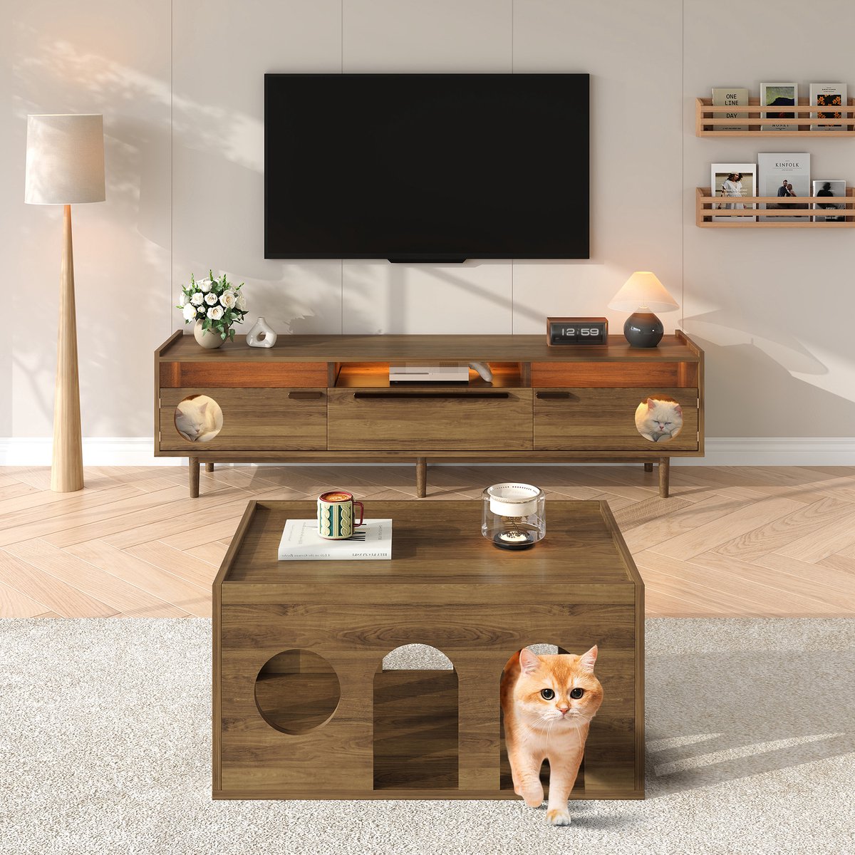 MODFU - Tv-Meubel - Met Ledverlichting En Kattenruimte - Mid-Century - Voor Woonkamer - MD