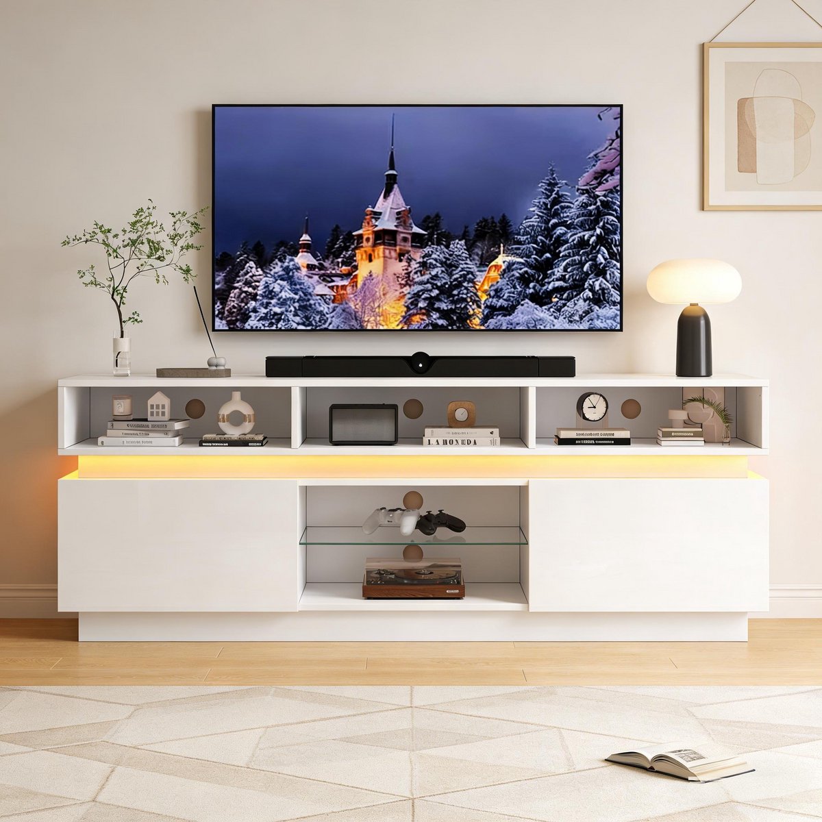 MODFU Tv-Meubel - 10 Opbergvakken - Ledverlichting - Minimalistisch - Voor Woonkamer - MDF En Glas - Wit - 160 x 35 x 60 cm