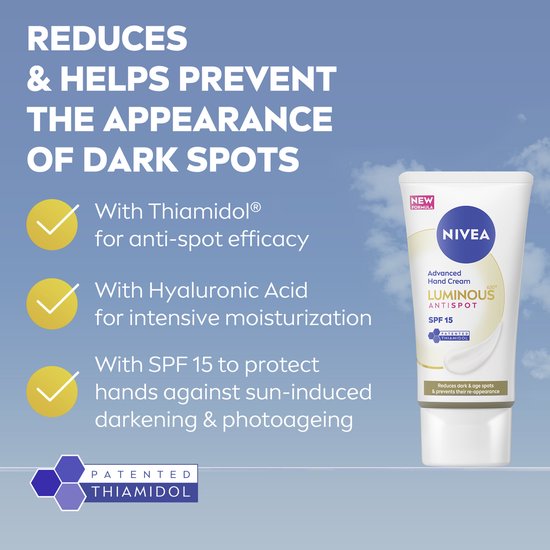 NIVEA Luminous 630 Anti-Spot handcrème SPF 15: "REDUCEERT & HELPT DE UITERLIJK VAN DONKERE VLEKKEN TE VOORKOMEN."