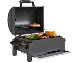 Premie Houtskool Barbecue - Smoker Barbecue - Houtskoolgrill - Grillwagen met Deksel, Warmhoudrek, Aslade, Thermometer - BBQ voor Kamperen, Buiten, Tuin - RVS - 67 x 53 x 55 cm - Zwart