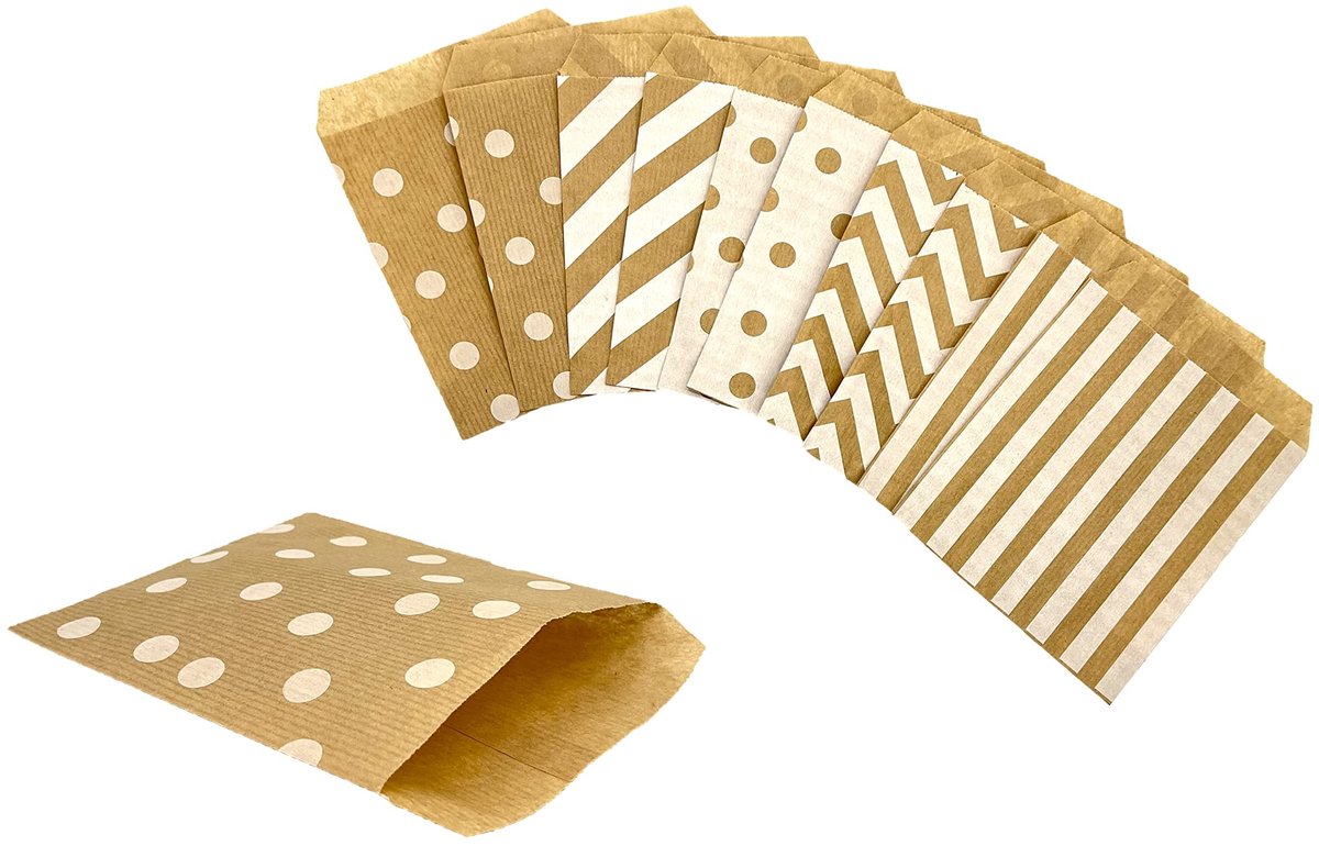 MTTProducts - Papieren Cadeauzakken - 50 Stuks - Perfect voor Verjaardagen - Bruin - Feestelijke Zakjes - Geschikt voor Trouwen - Kleurige Ontwerpen
