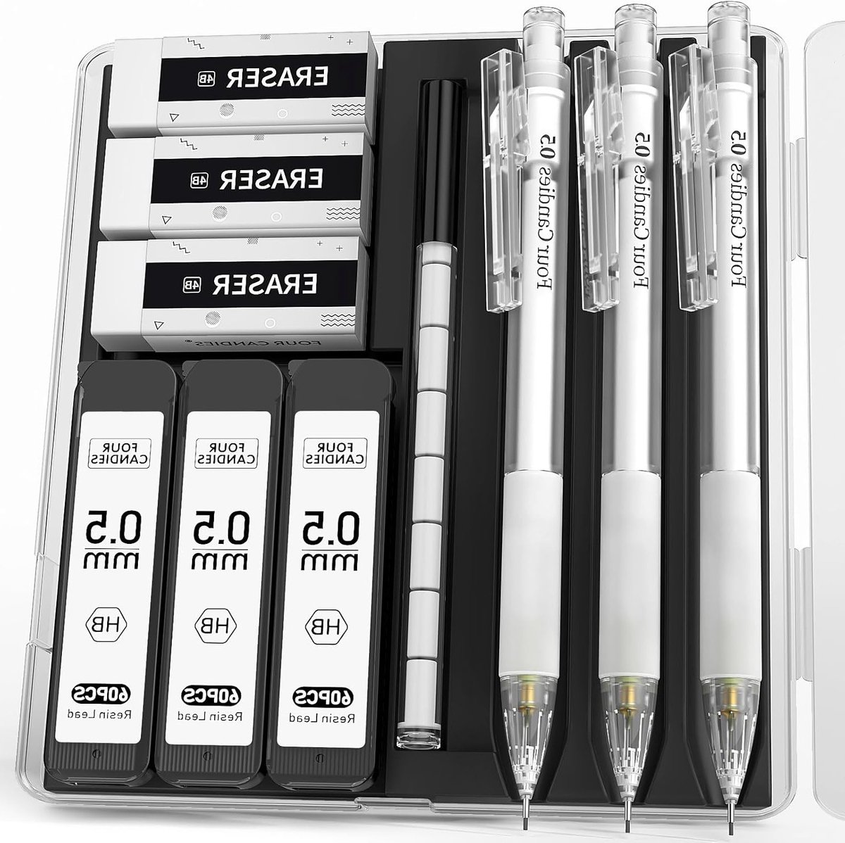 Pastel Kleurige Mechanische Potlood Set met Potlooddoos, 3 Transparante 0.5mm Potloden, 180 HB Navullingen en 3 Witte Gum, Perfect voor School en Creatief Gebruik