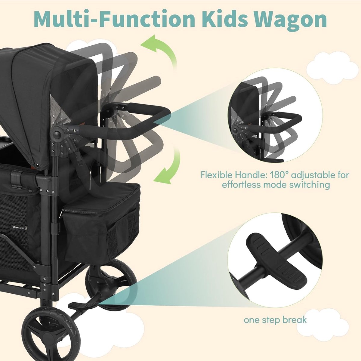 Opvouwbare Bolderkar voor 2 Kinderen met Dubbel Dak en 5-Puntsgordel - Wandelwagen met Afneembaar Dienblad & Opbergtas - Tot 60 kg - Schokdempende Wielen — afbeelding 5