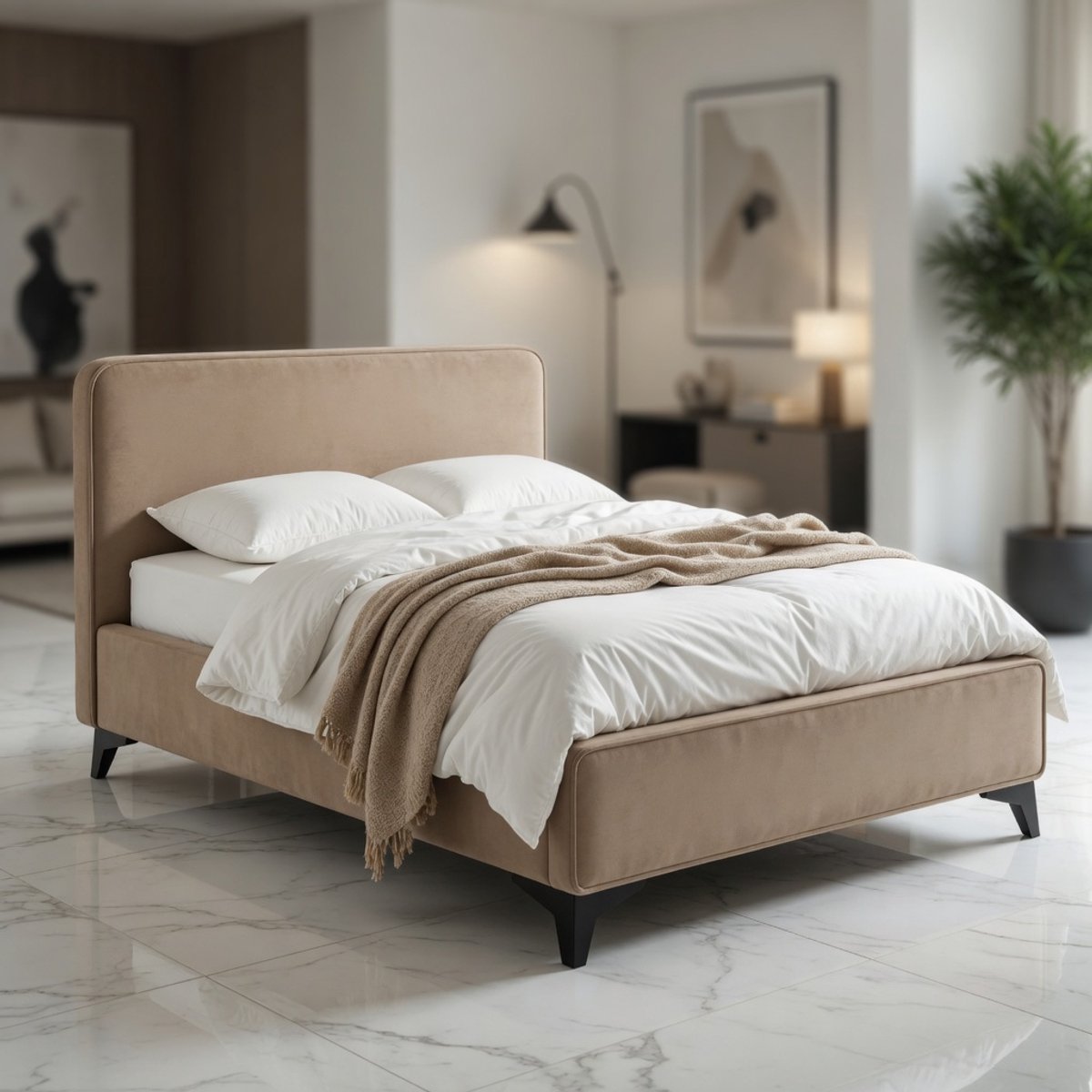 Luxe Fluwelen Eenpersoonsbed 90x200 met Gestoffeerd Hoofdbord en Lattenbodem – Modern Design Bedframe in Greige met Houten Frame en Metalen Poten | Mobili Bella Lavoro Velvet Comfort Bed