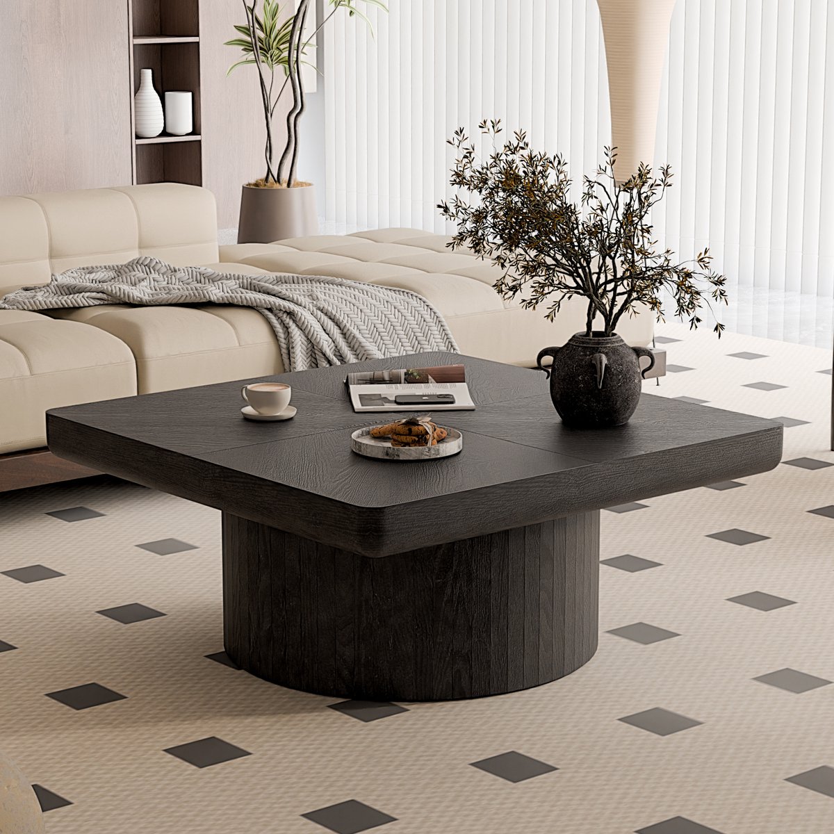 Clruro Salontafel - 78 × 78 cm - Vierkant Houtfineer met Cilindrische Basis - Modern Design - Hout - Zwart
