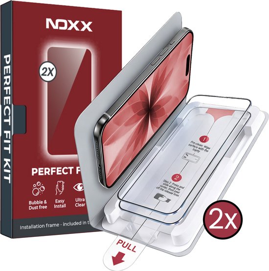Emballage d'un kit de protection d'écran NoXX Perfect Fit avec un iPhone 14 Pro, axé sur l'aide à l'installation.