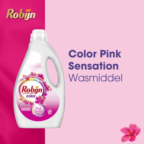 Bouteille rose de lessive Robijn Color Pink Sensation sur fond rose pâle avec texte violet.