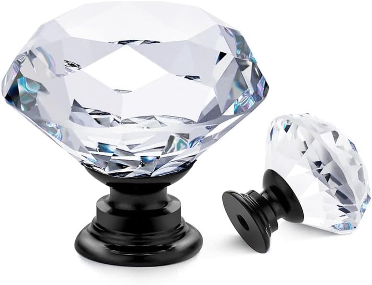 Kastknoppen Set - Kristallen Ladeknoppen Handgrepen - 5 Stuks 30 mm - Diamantvormig Glas Zink Basis - Keuken Slaapkamer Badkamer Meubels - Heldere Knoppen Met Zwarte Voet