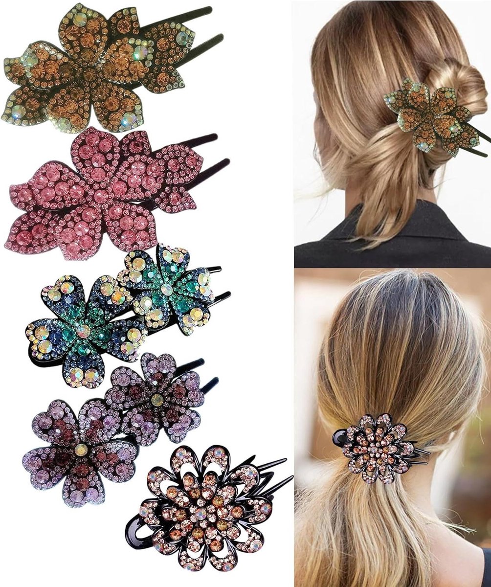 Haarclip Set - Bloem Speld - Feestelijk Haar - Dubbele Bloem - Groot Formaat - Zilver