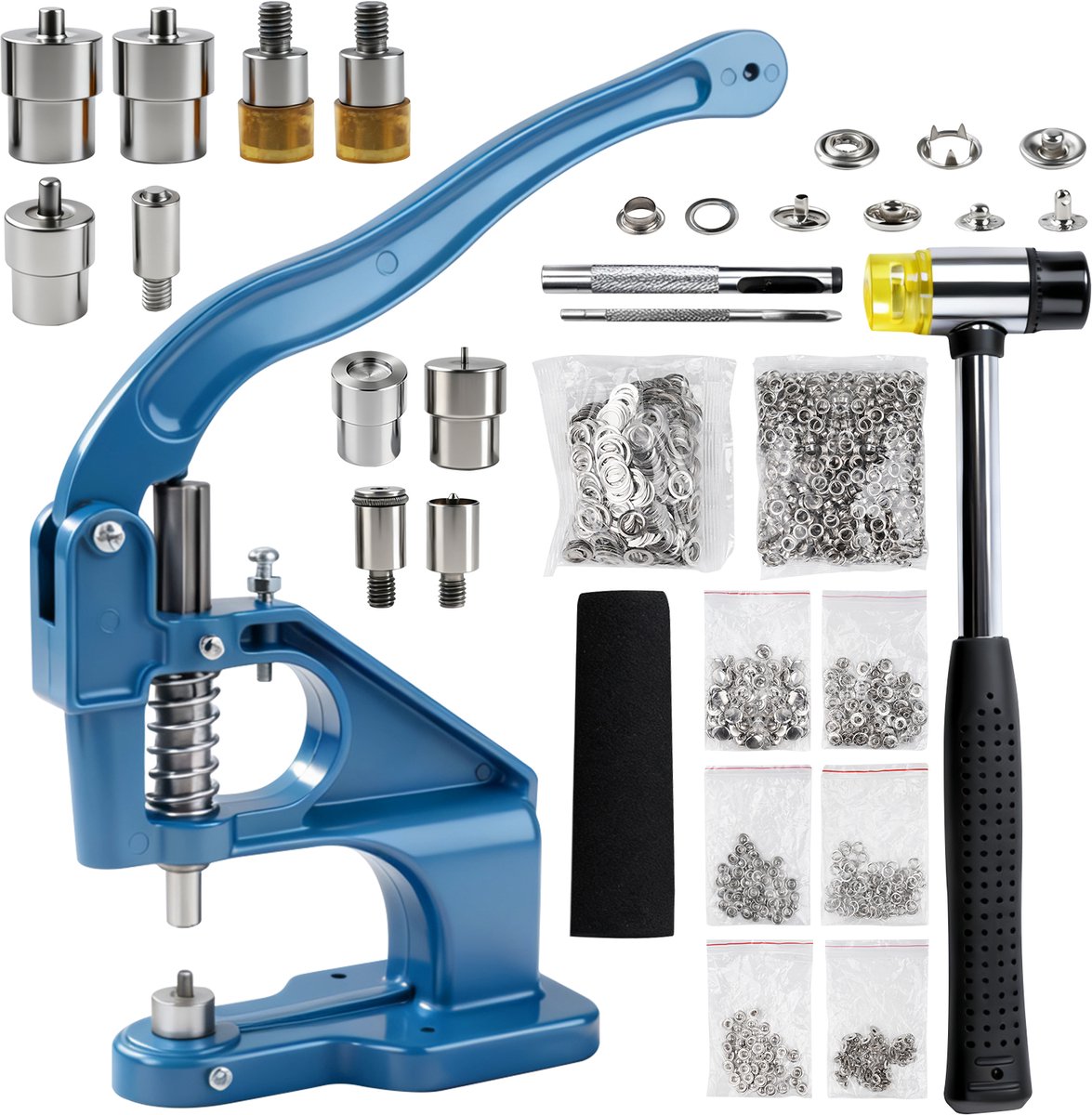 Oogjestang met 1100pcs oogjes - Oogtang Grommet Tool Kit - Handpers Doorvoertule Machine - Perforators - met 2 matrijzen en hamer - Drukknopen Tang - Schoenmontagegereedschap voor Leren/Tassen/Kleding