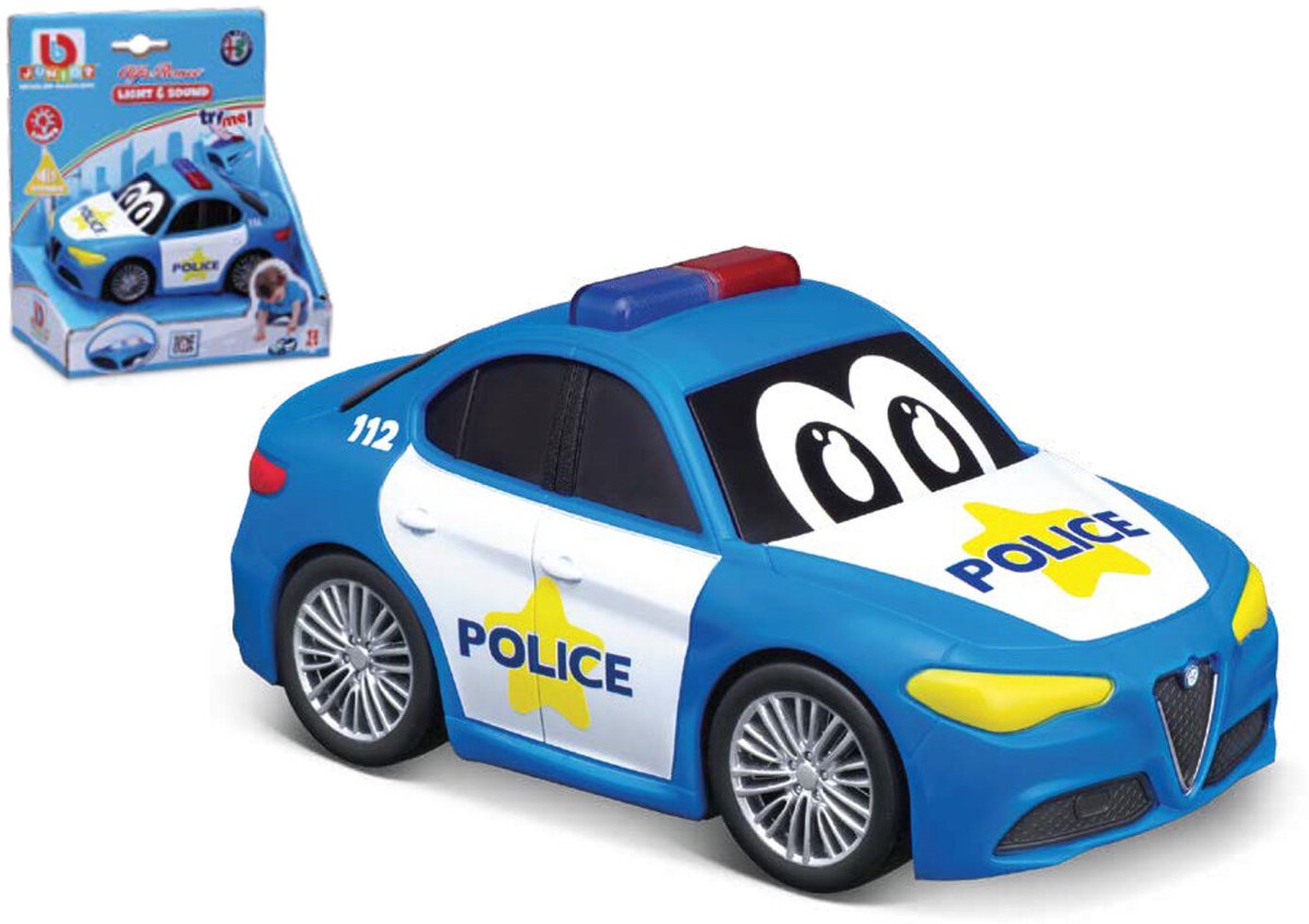 BB Junior Alfa Romeo Giulia Police - Politiewagen met Licht en Geluid - 5 inch - Blauw/wit/geel