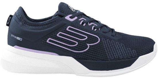 Donkerblauwe Bullpadel padelschoen met paarse accenten, logo's en witte zool.